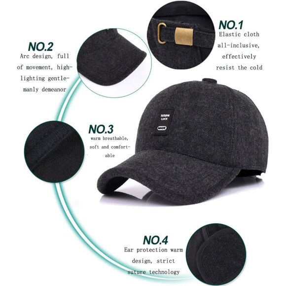 🆕 Men Brown Baseball Cap Winter Warm Wool Tweed Peaked Fold Earmuff Jacket Hat - Picture 5 of 6
